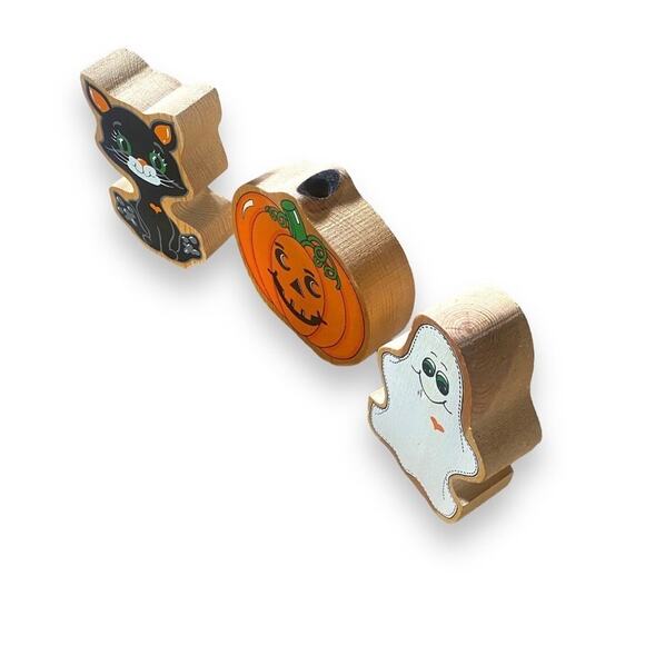 VNTG Halloween Decor Wood Block Figurines 3
Pc Black Cat Ghost Jack O Lantern - Picture 6 of 8